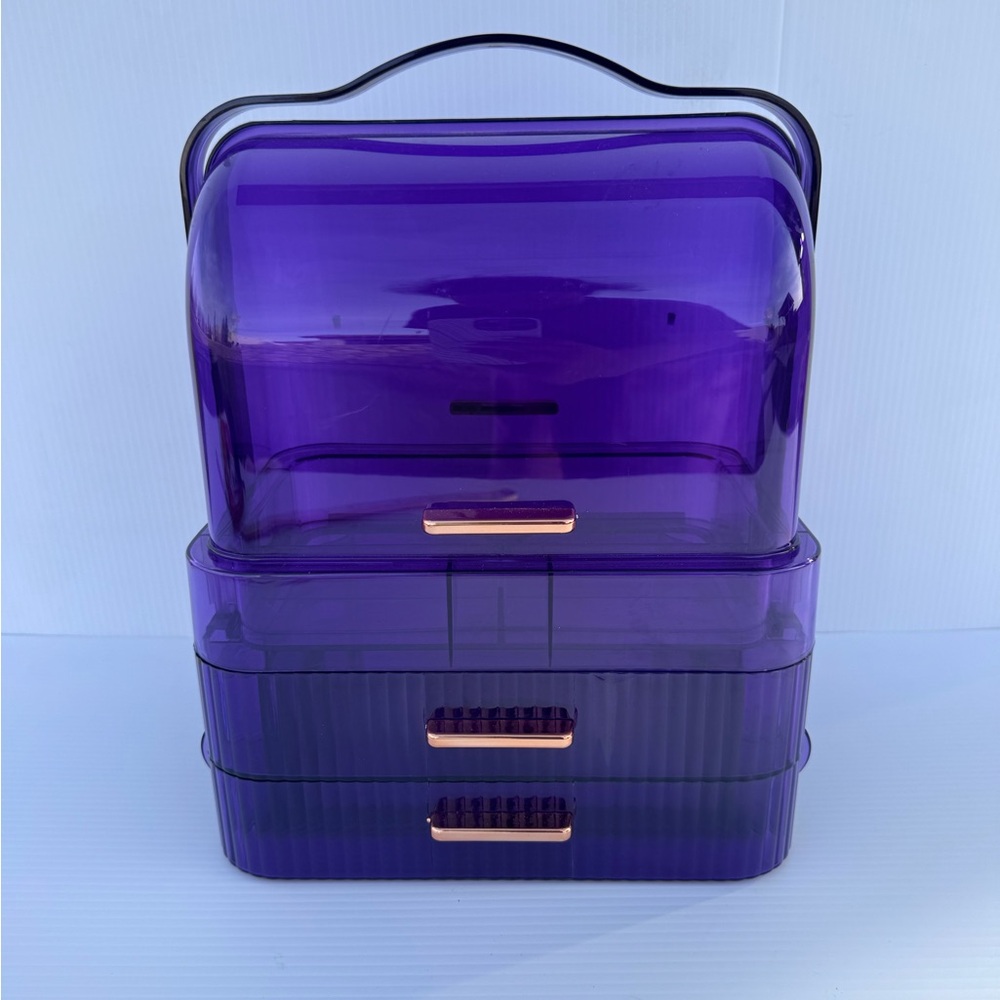 Purple Acrylic Makeup Organizer w/ Handle Lid & 2 Drawers Dustproof Vanity Case